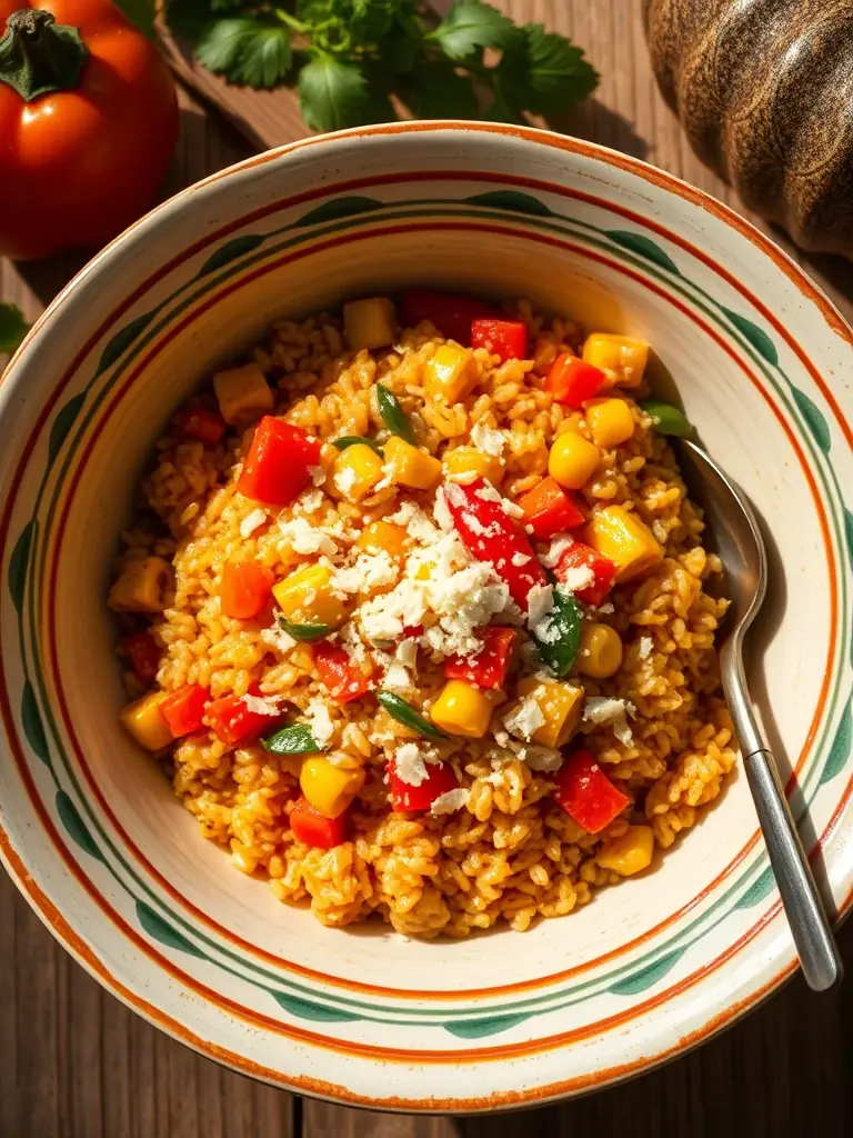 An overhead shot of a vibrant and colorful chakalaka risotto, highlighting the creamy texture and the mix of vegetables, served in a traditional Italian bowl with a sprinkle of Parmesan cheese.