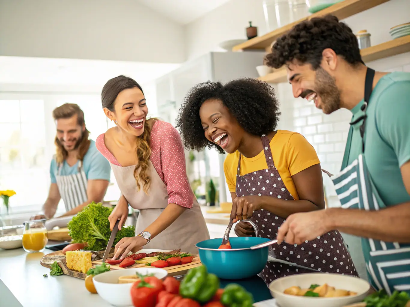 A vibrant image of a cooking class in progress, featuring participants actively engaged in preparing pasta with a distinctly South African-inspired sauce, such as chakalaka or biltong-infused ragu. The setting is a modern kitchen with a warm, inviting atmosphere.
