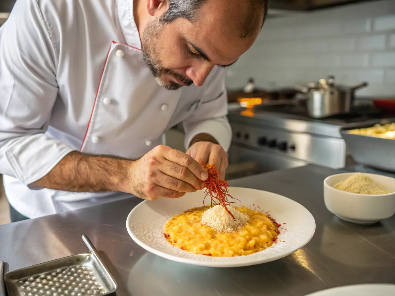 A close-up shot of a chef demonstrating the preparation of a traditional Italian dish, such as risotto, while incorporating local South African ingredients like rooibos or fynbos herbs. The focus is on the chef's hands and the vibrant colors of the ingredients.