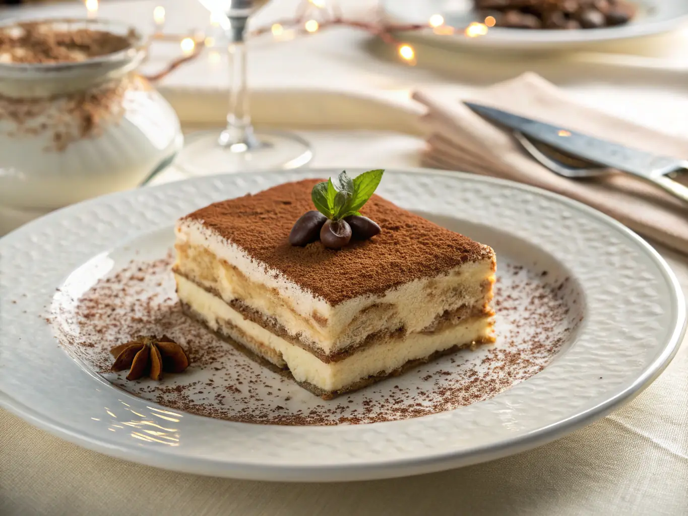 An image showcasing a beautifully plated Italian dessert, such as tiramisu, with a South African twist, perhaps incorporating Amarula liqueur or local berries. The dessert is presented in an elegant setting, highlighting the fusion of culinary traditions.