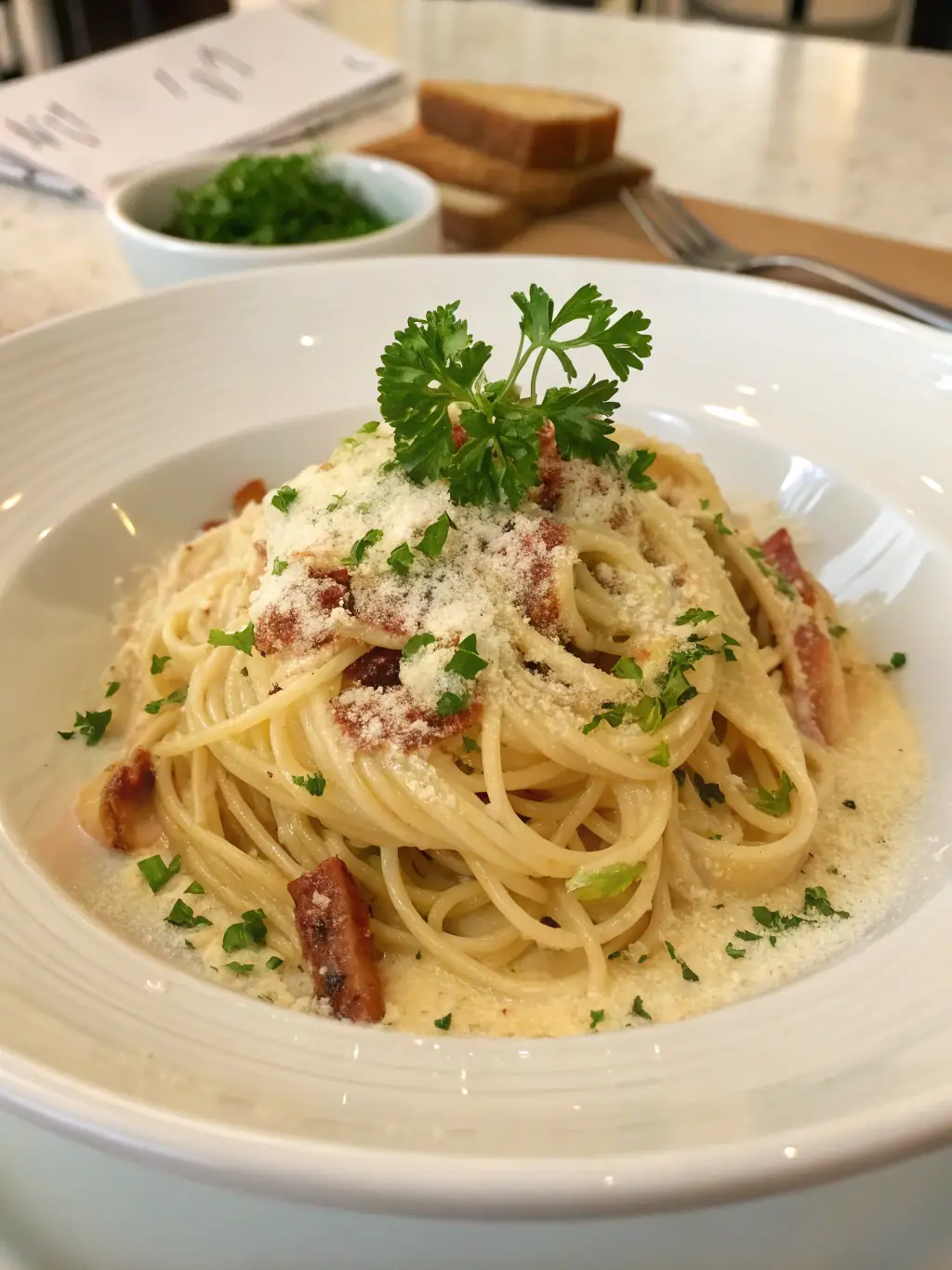 A beautifully styled image of biltong-infused spaghetti carbonara, featuring perfectly cooked pasta, crispy biltong pieces, creamy sauce, and a sprinkle of black pepper, served on a modern plate with a view of the South African landscape in the background.