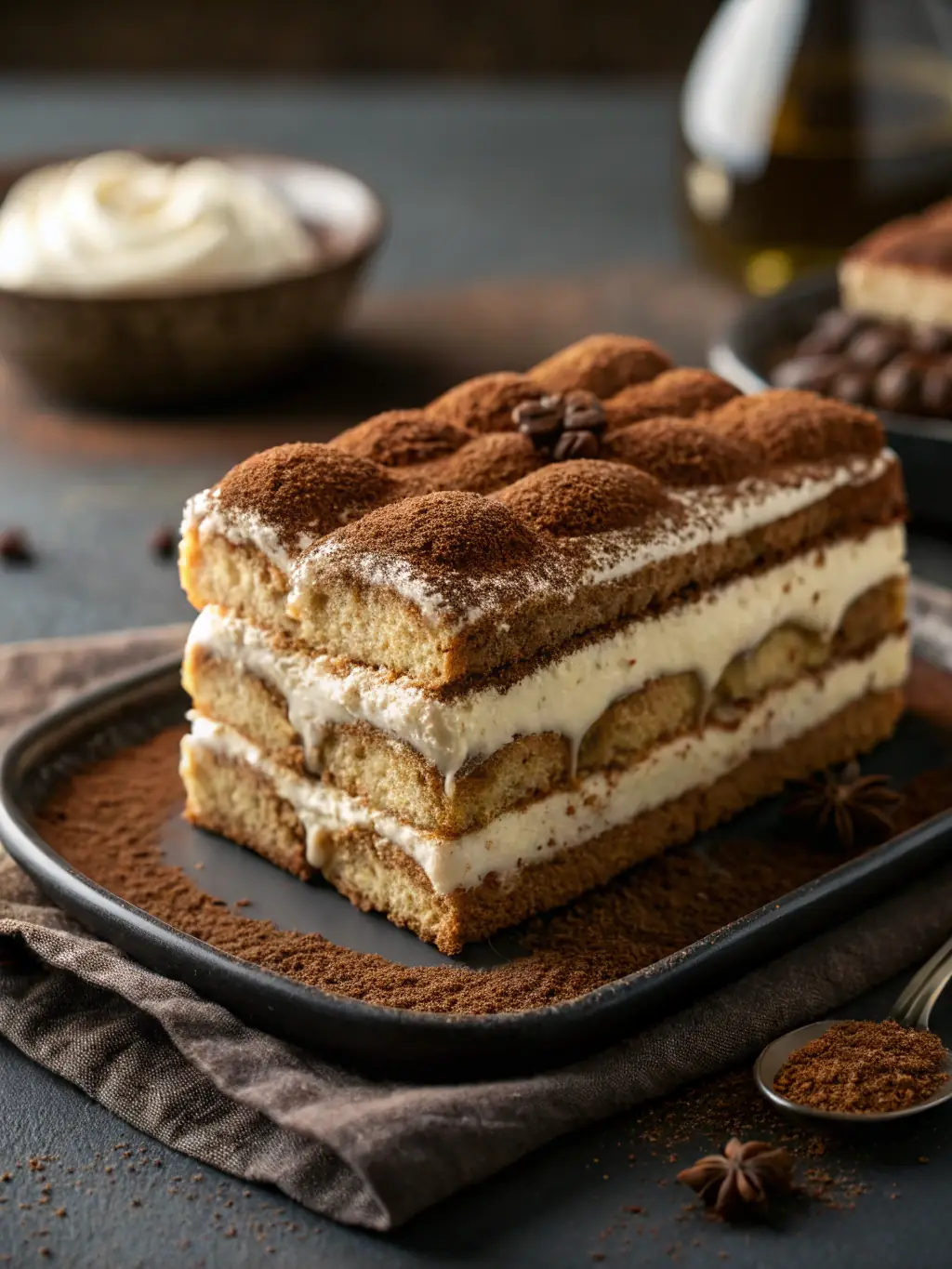 A visually appealing image of malva pudding tiramisu, showcasing layers of coffee-soaked ladyfingers, creamy mascarpone, and a generous topping of malva pudding sauce, served in a glass trifle bowl with a dusting of cocoa powder.