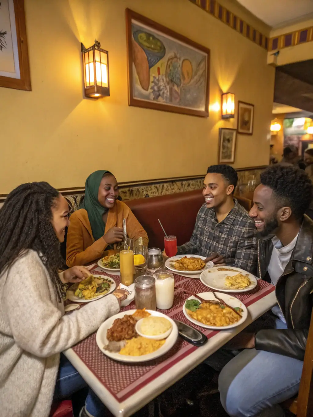 A group of smiling people enjoying a meal together after a cooking class, with a table full of Italian-South African fusion dishes.