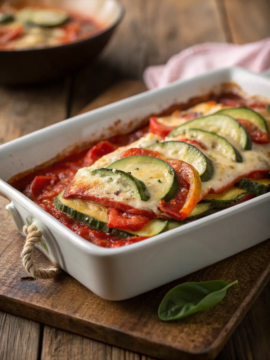 A close-up shot of perfectly plated bobotie lasagna, showcasing layers of pasta, spiced meat, and creamy béchamel, garnished with fresh herbs, set against a rustic wooden table with a glass of South African wine.